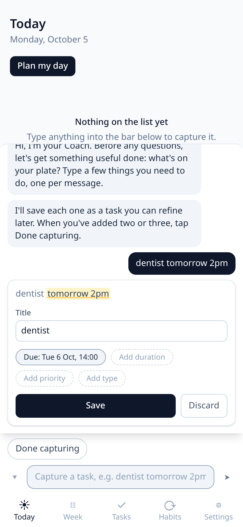 The Chat Bar with “dentist tomorrow 2pm” and the confirmation card below it.