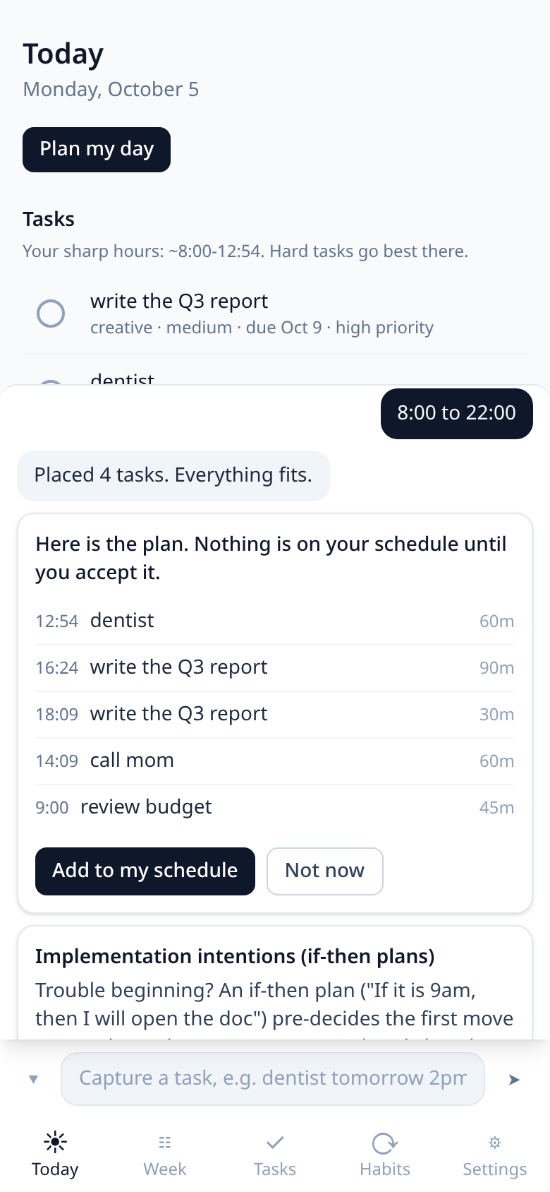 The Coach’s proposed schedule card after “Plan my day”.