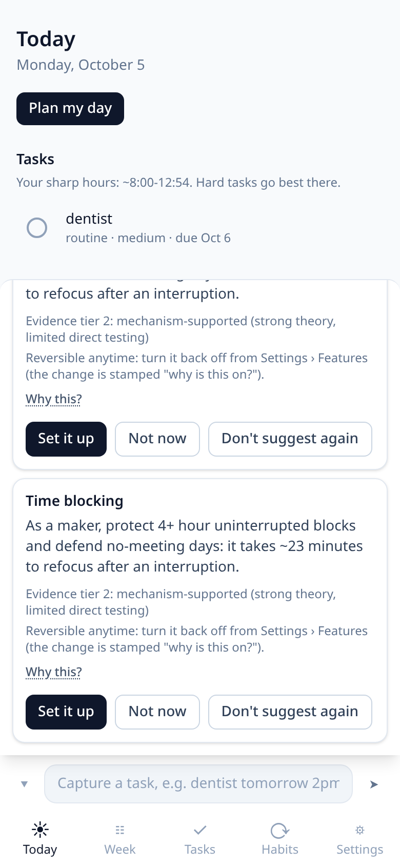 The Time blocking recommendation card with its evidence level, a “Why this?” link, and the buttons Set it up, Not now and Don’t suggest again.