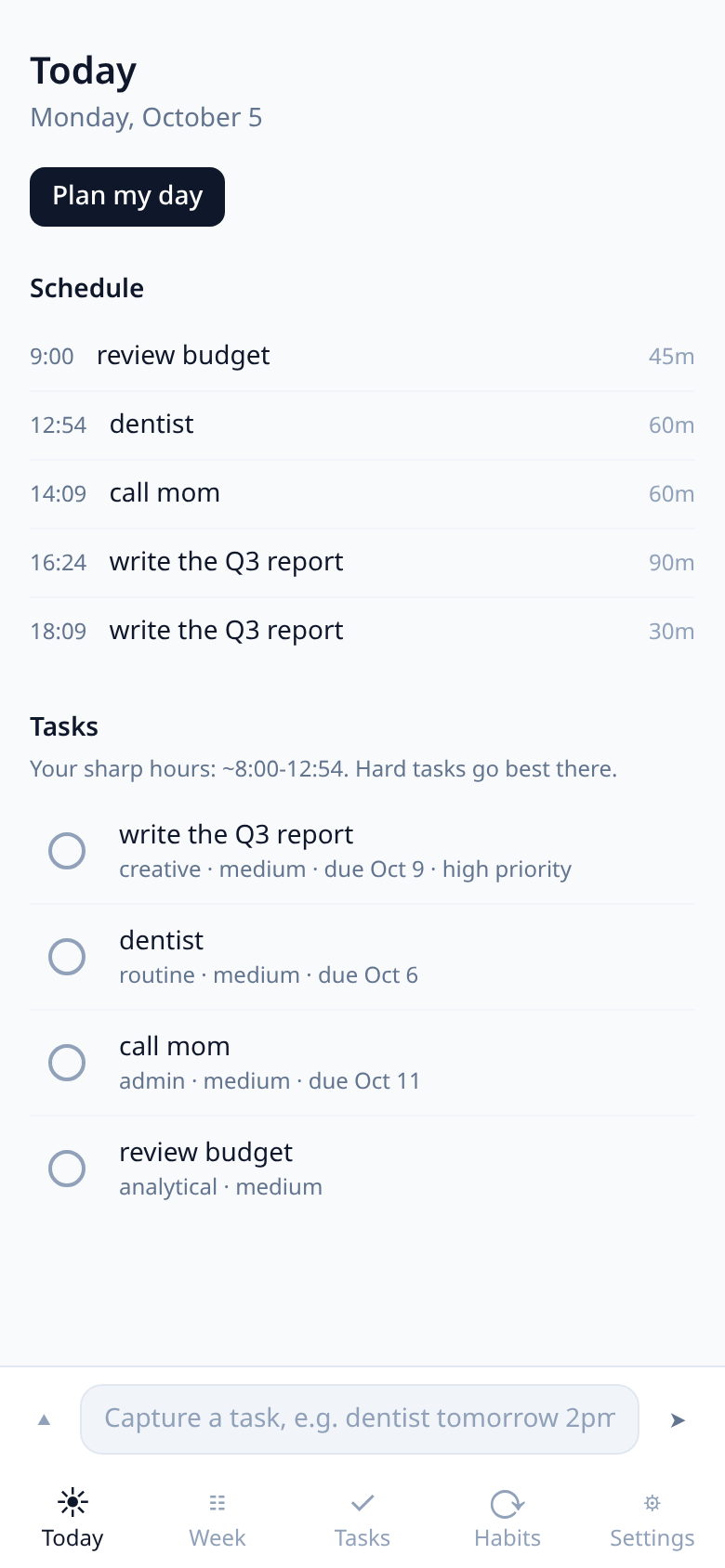 The Today view with the accepted schedule.